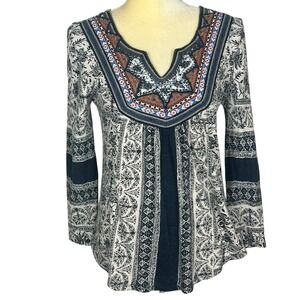 Anthropologie Akemi + Kin Women's Tunic Top Size S Mixed Print V-Neck Embroidery